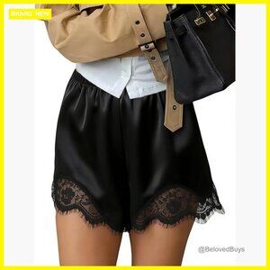 Satin Lace Trim Shorts High Rise Elastic Waist Lounge Sleepwear Pajama Bottoms